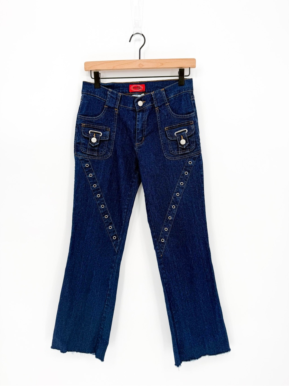 Vintage Y2K Milly Jeans Dark Wash Grommet Front Cargo Flare Pants Size 7/8